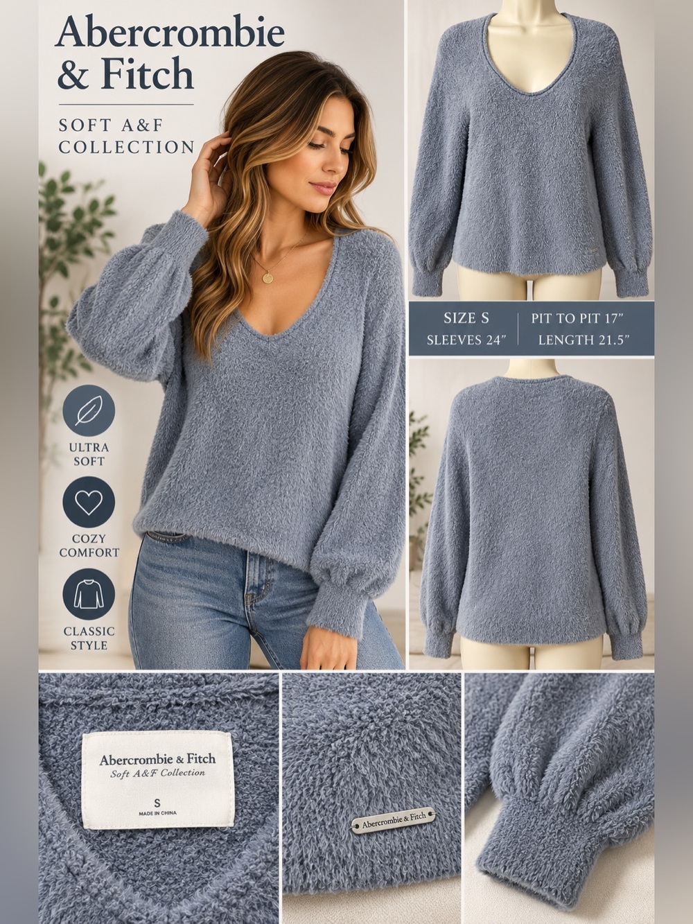 Abercrombie & Fitch Soft A&F Collection Gray Blue Fuzzy V Neck Sweater Size S